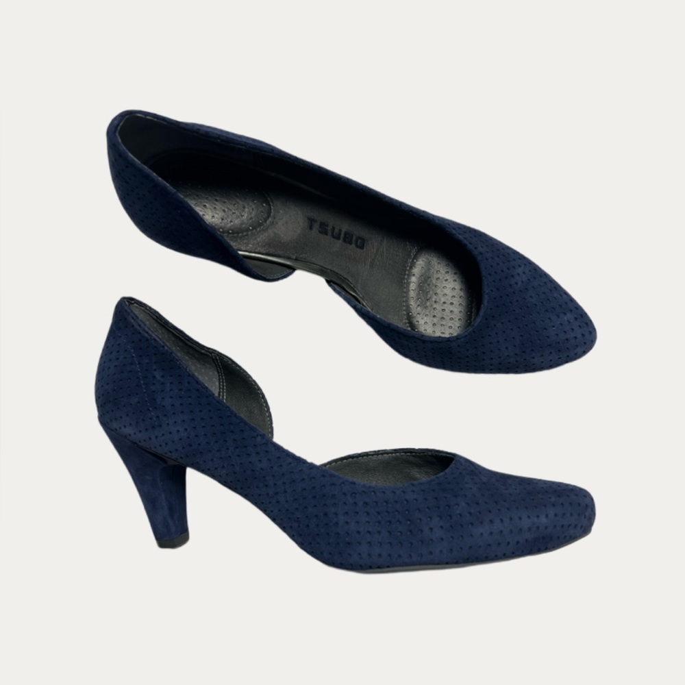 Tsubo Fifee Blue Suede Perforated D’Orsay Pointed Toe Block Heel Pumps 9